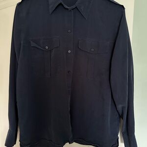Aritzia Classic Navy Silk blend Button-Up Shirt